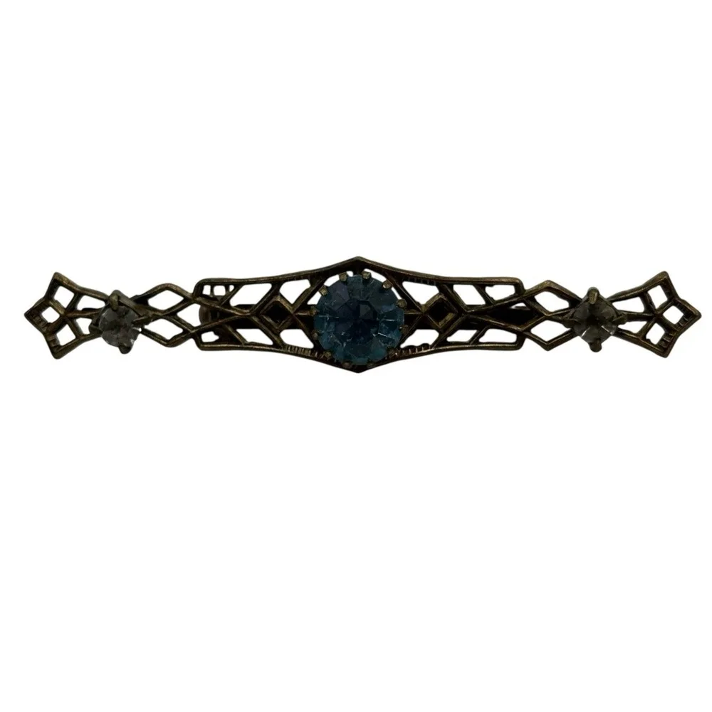 Vintage Bar Brooch Blue Rhinestones Filigree Open Work Ornate Gold Tone Art Deco